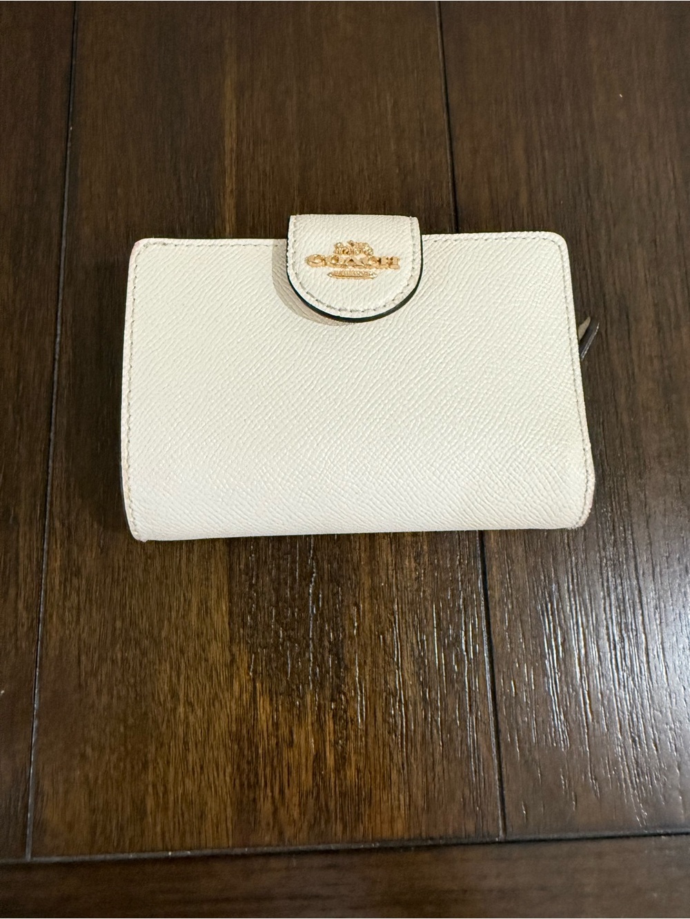 Coach Pebbled Leather Snap Wallet in White with Gold Logo